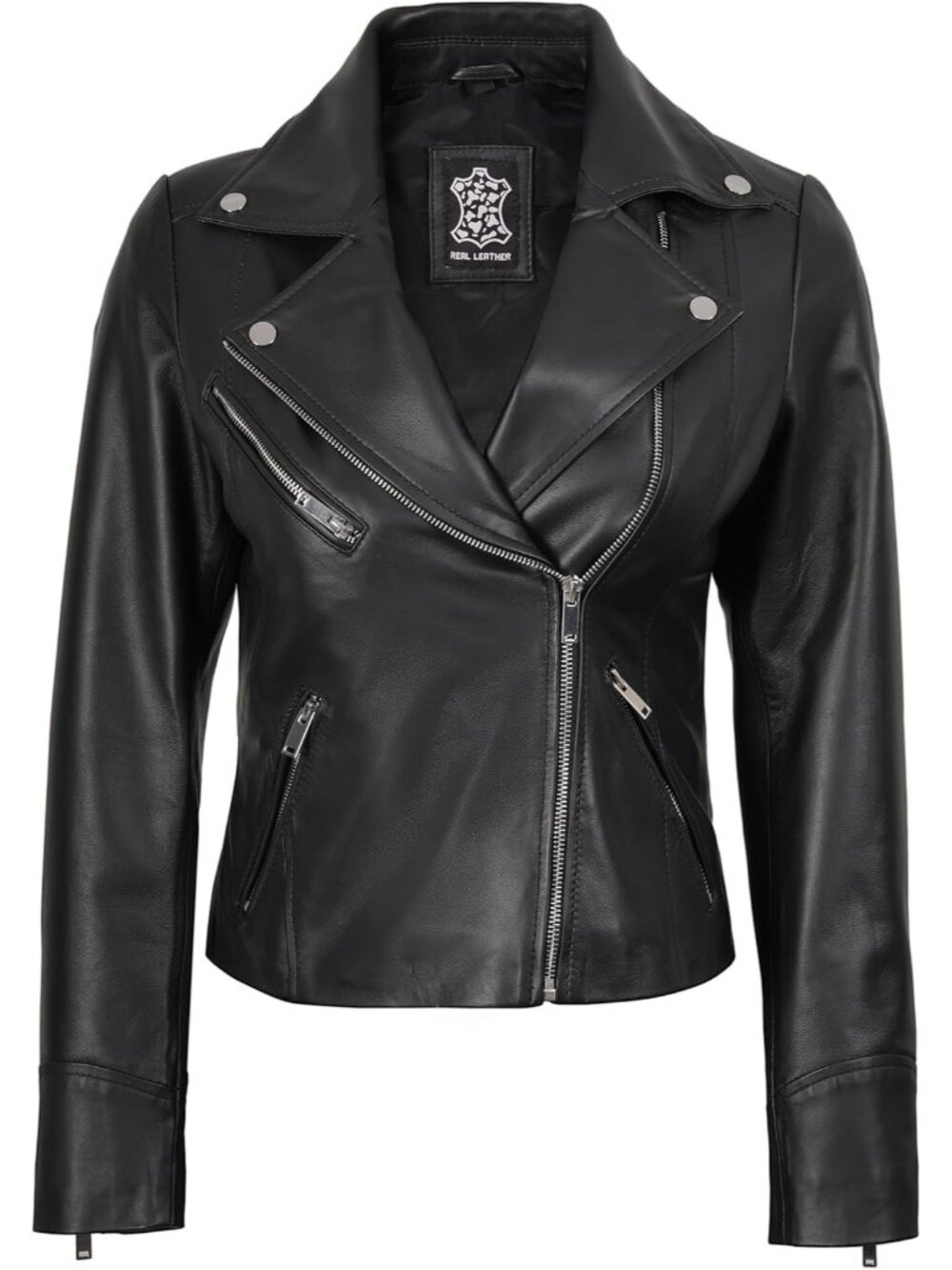 Women’s Black Real Lambskin Leather Asymmetrical Moto Biker Jacket